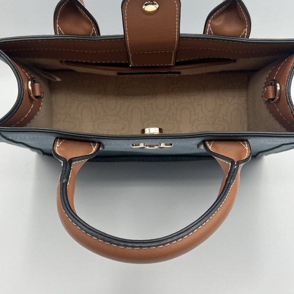 True Religion Womens Tote Bag Suede Navy Blue Brown Detachable Strap Lined - Picture 9 of 10